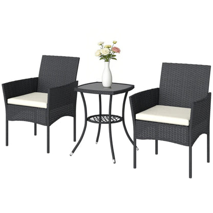 Outsunny 3 Piece Rattan Bistro Set, PE Wicker Garden Furniture Conversation Set with 2 Tier Glass-Top Table, Chairs