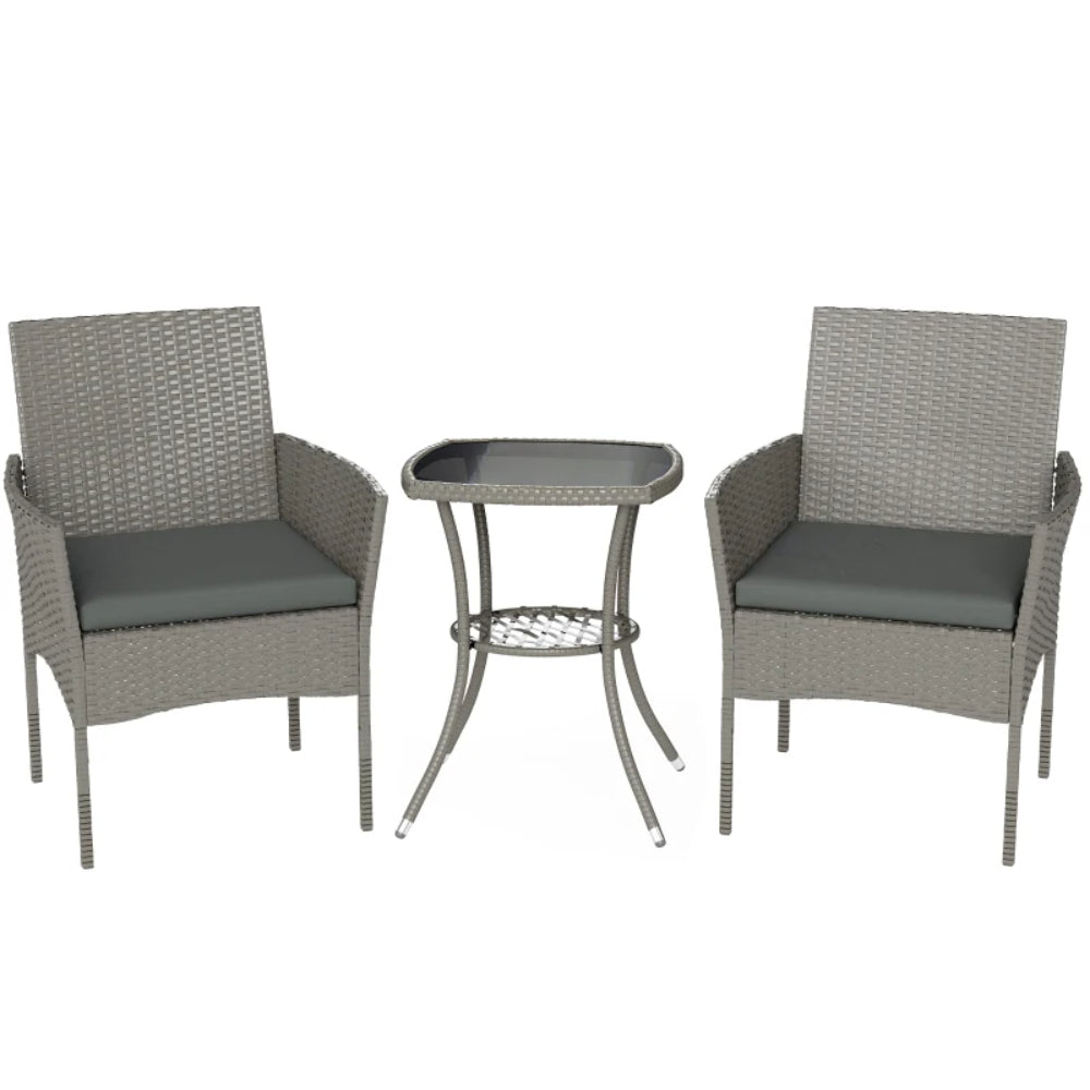 Outsunny 3 Piece Rattan Bistro Set, PE Wicker Garden Furniture Conversation Set with 2 Tier Glass-Top Table, Chairs