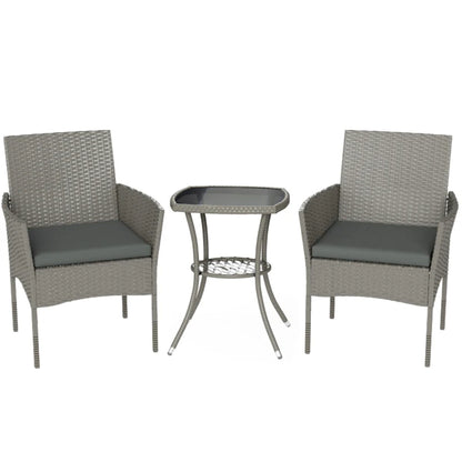 Outsunny 3 Piece Rattan Bistro Set, PE Wicker Garden Furniture Conversation Set with 2 Tier Glass-Top Table, Chairs