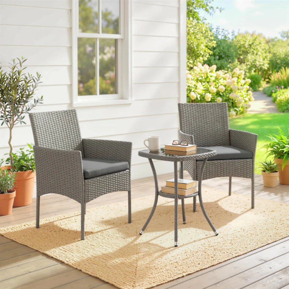Outsunny 3 Piece Rattan Bistro Set, PE Wicker Garden Furniture Conversation Set with 2 Tier Glass-Top Table, Chairs