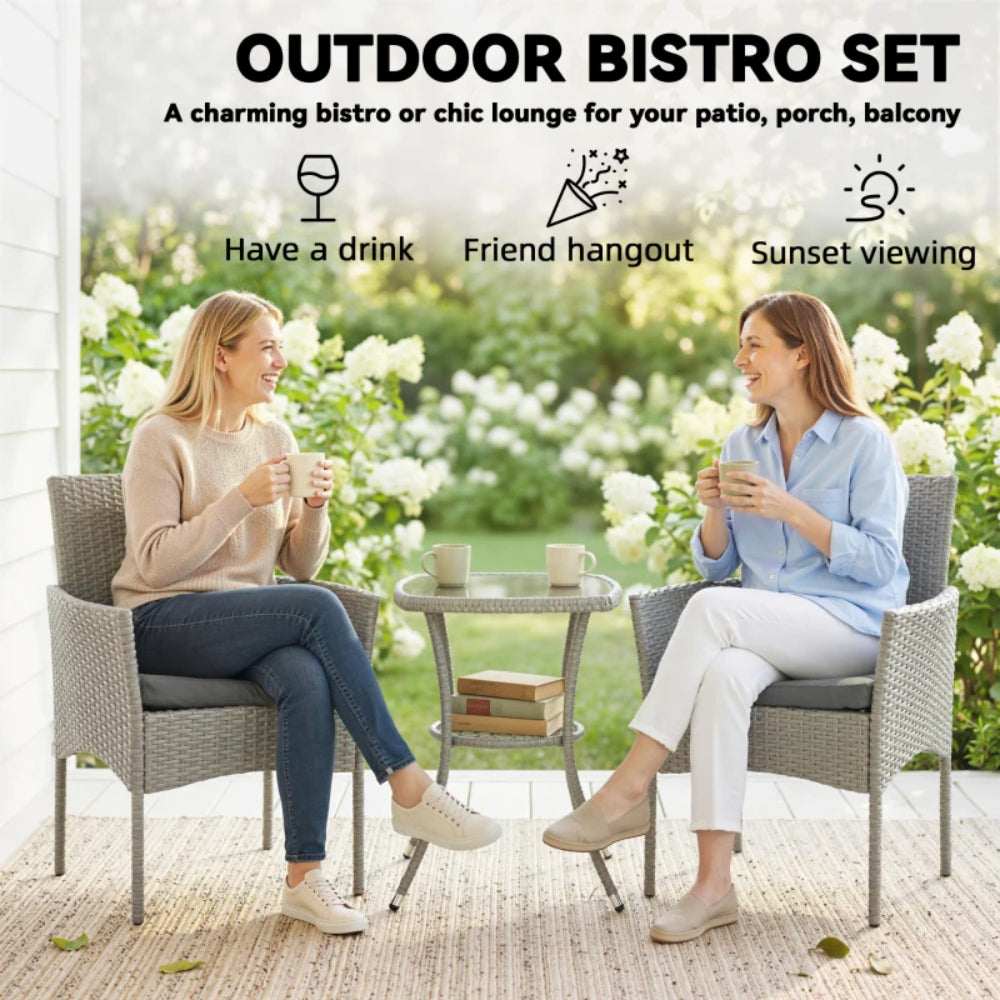 Outsunny 3 Piece Rattan Bistro Set, PE Wicker Garden Furniture Conversation Set with 2 Tier Glass-Top Table, Chairs