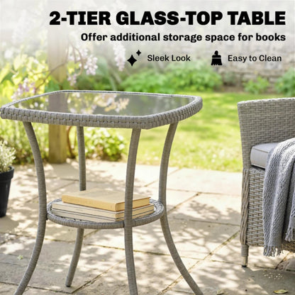 Outsunny 3 Piece Rattan Bistro Set, PE Wicker Garden Furniture Conversation Set with 2 Tier Glass-Top Table, Chairs