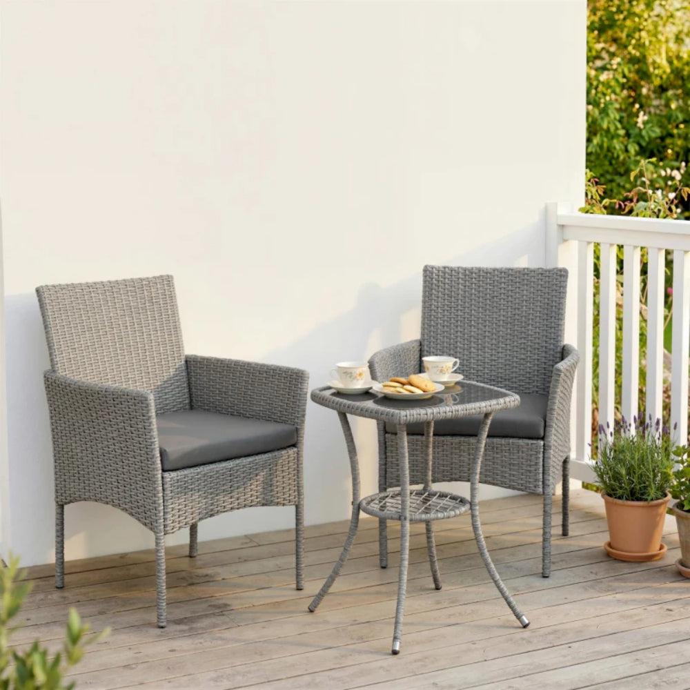 Outsunny 3 Piece Rattan Bistro Set, PE Wicker Garden Furniture Conversation Set with 2 Tier Glass-Top Table, Chairs