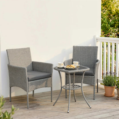 Outsunny 3 Piece Rattan Bistro Set, PE Wicker Garden Furniture Conversation Set with 2 Tier Glass-Top Table, Chairs