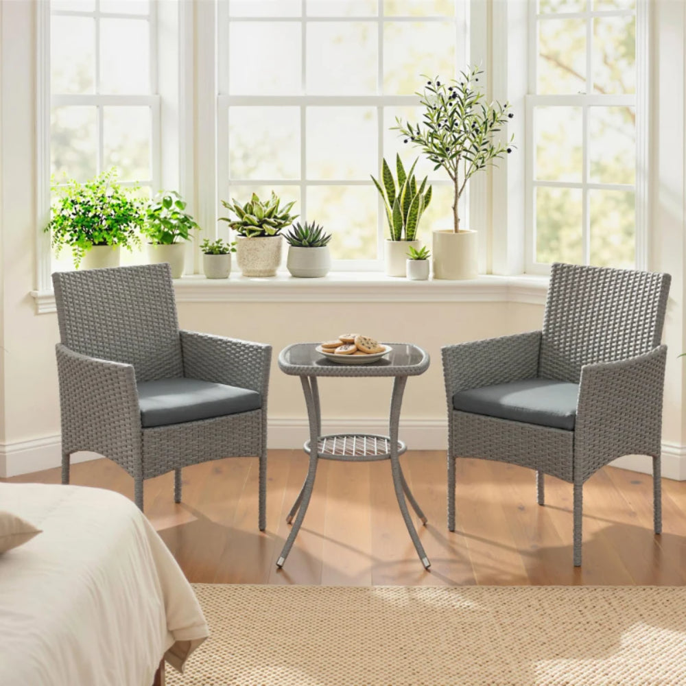 Outsunny 3 Piece Rattan Bistro Set, PE Wicker Garden Furniture Conversation Set with 2 Tier Glass-Top Table, Chairs