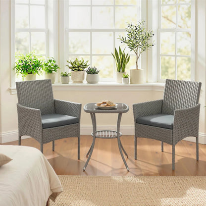 Outsunny 3 Piece Rattan Bistro Set, PE Wicker Garden Furniture Conversation Set with 2 Tier Glass-Top Table, Chairs