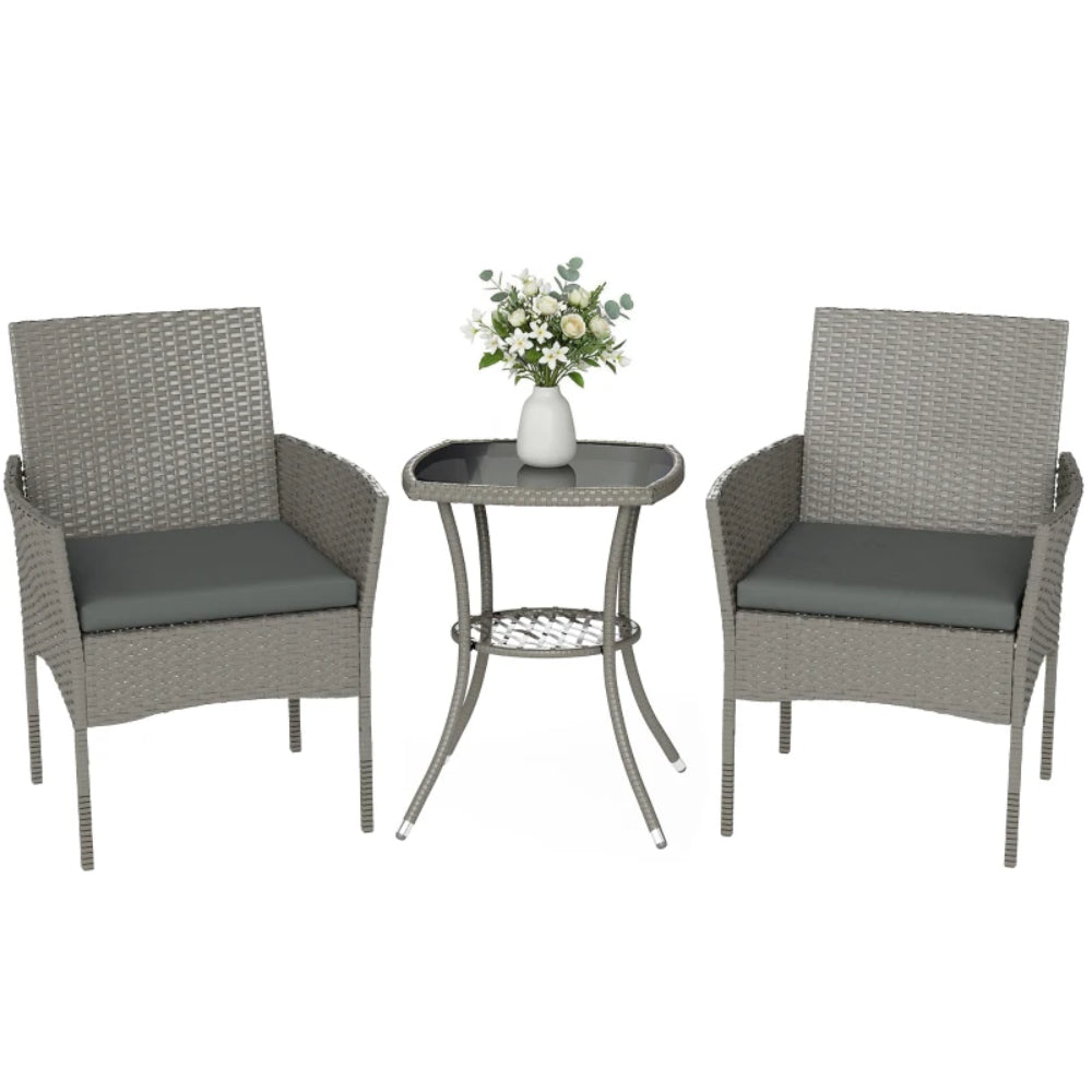 Outsunny 3 Piece Rattan Bistro Set, PE Wicker Garden Furniture Conversation Set with 2 Tier Glass-Top Table, Chairs