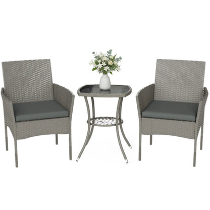 Outsunny 3 Piece Rattan Bistro Set, PE Wicker Garden Furniture Conversation Set with 2 Tier Glass-Top Table, Chairs