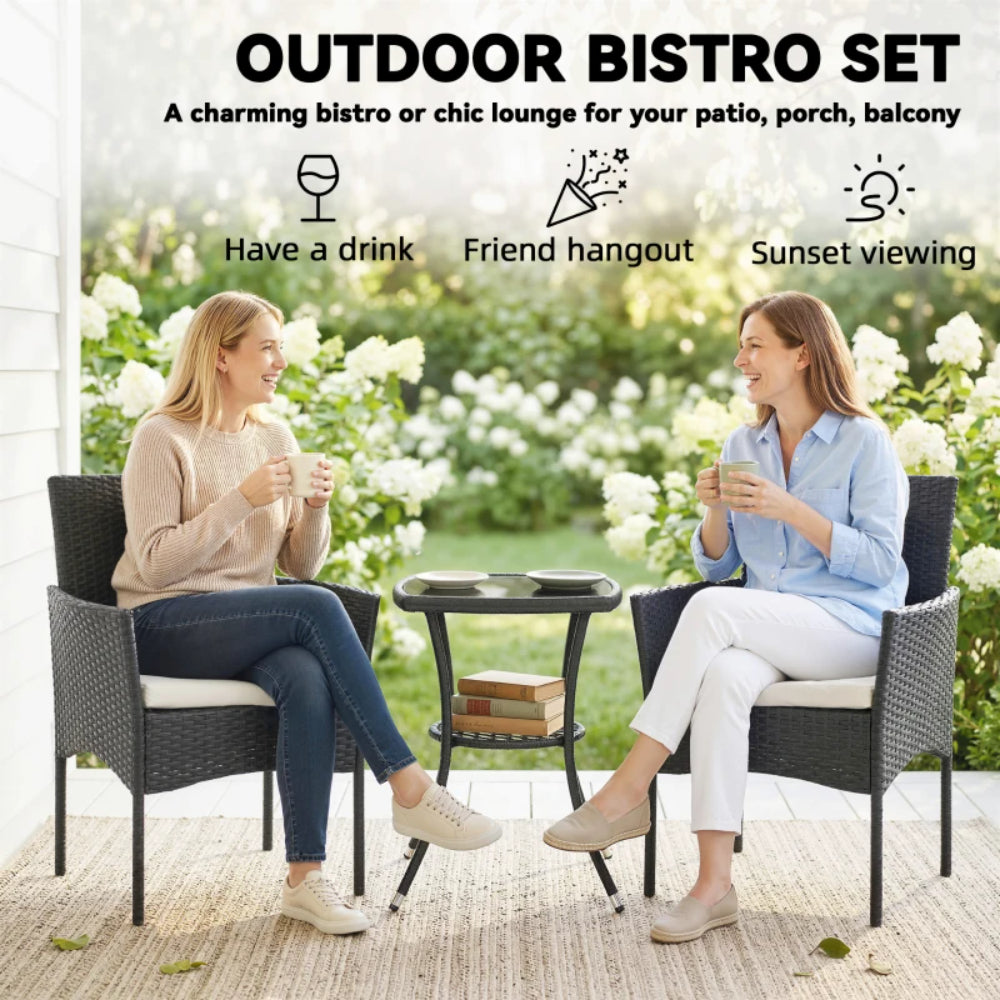 Outsunny 3 Piece Rattan Bistro Set, PE Wicker Garden Furniture Conversation Set with 2 Tier Glass-Top Table, Chairs