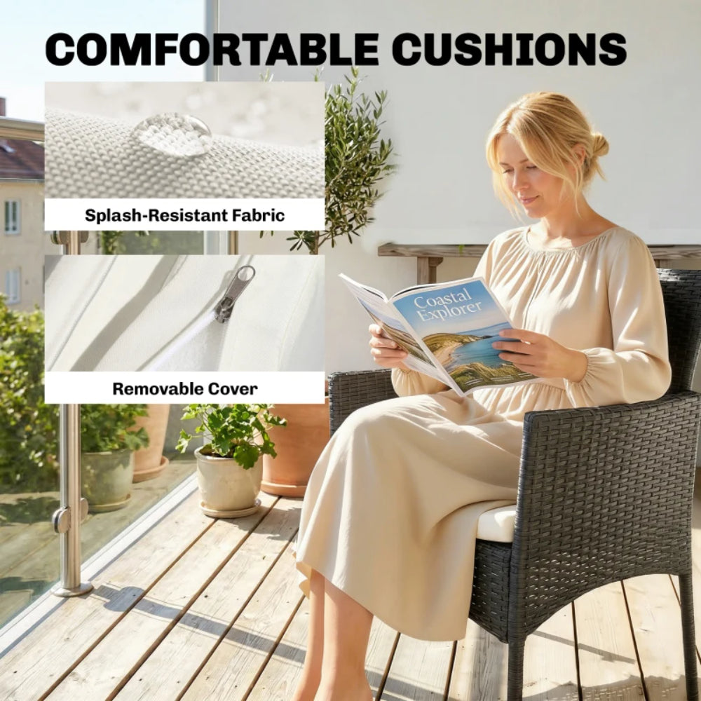 Outsunny 3 Piece Rattan Bistro Set, PE Wicker Garden Furniture Conversation Set with 2 Tier Glass-Top Table, Chairs