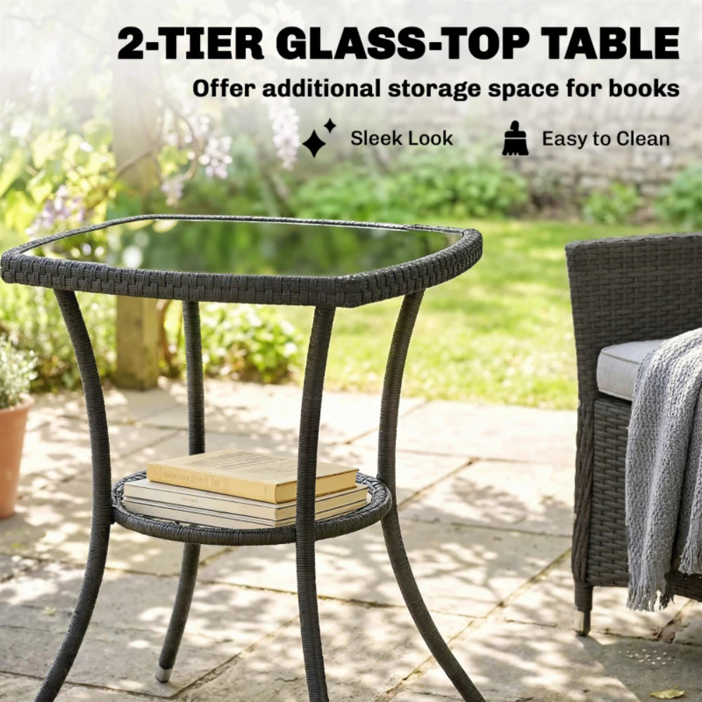 Outsunny 3 Piece Rattan Bistro Set, PE Wicker Garden Furniture Conversation Set with 2 Tier Glass-Top Table, Chairs