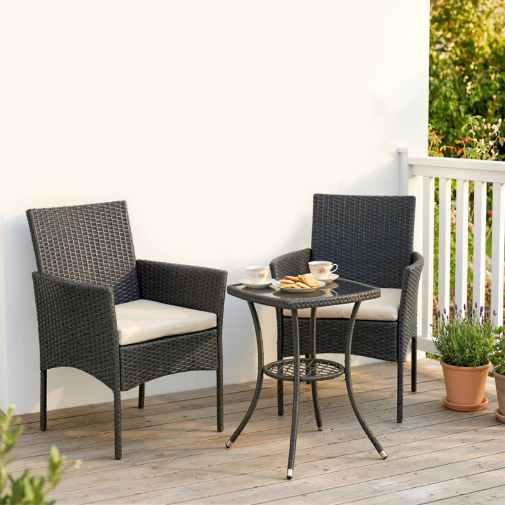 Outsunny 3 Piece Rattan Bistro Set, PE Wicker Garden Furniture Conversation Set with 2 Tier Glass-Top Table, Chairs