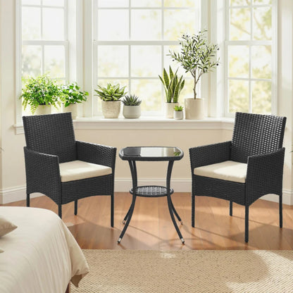 Outsunny 3 Piece Rattan Bistro Set, PE Wicker Garden Furniture Conversation Set with 2 Tier Glass-Top Table, Chairs
