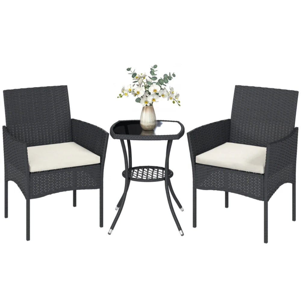 Outsunny 3 Piece Rattan Bistro Set, PE Wicker Garden Furniture Conversation Set with 2 Tier Glass-Top Table, Chairs
