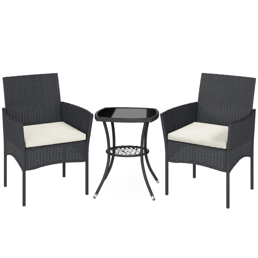 Outsunny 3 Piece Rattan Bistro Set, PE Wicker Garden Furniture Conversation Set with 2 Tier Glass-Top Table, Chairs