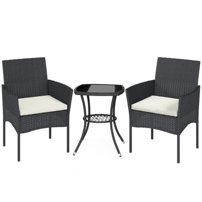 Outsunny 3 Piece Rattan Bistro Set, PE Wicker Garden Furniture Conversation Set with 2 Tier Glass-Top Table, Chairs