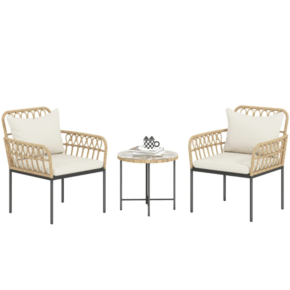 Outsunny 3 Piece Rattan Bistro Set, Wicker Garden Furniture Set with Cushions, Glass Top Coffee Table and Chairs for Outdoor, Patio, Balcony, Beige