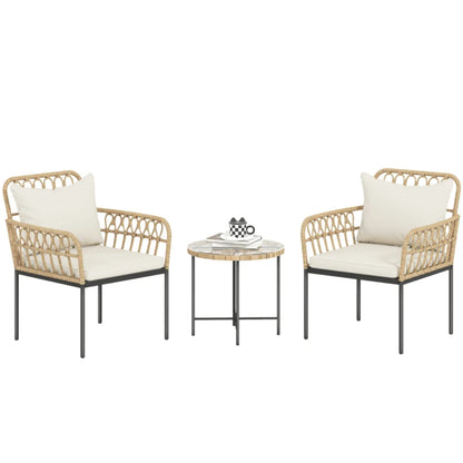 Outsunny 3 Piece Rattan Bistro Set, Wicker Garden Furniture Set with Cushions, Glass Top Coffee Table and Chairs for Outdoor, Patio, Balcony, Beige