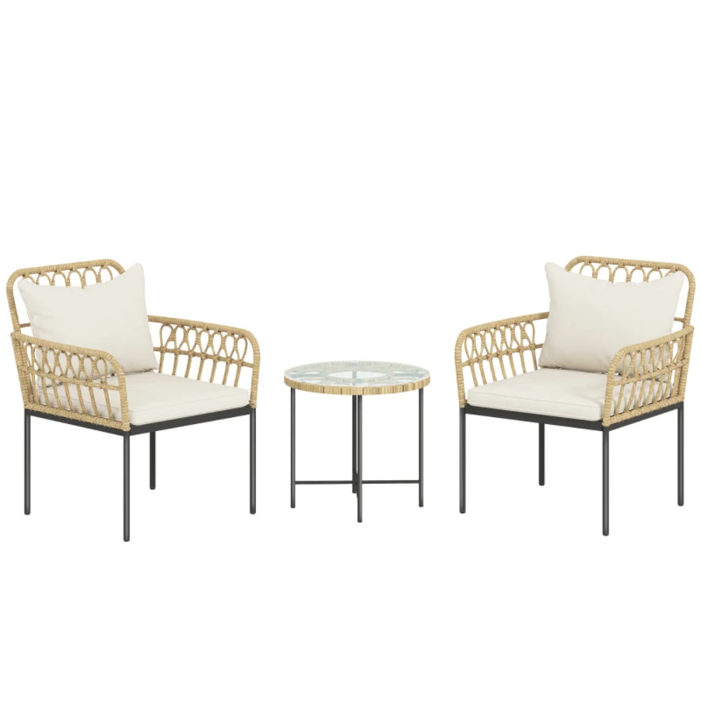 Outsunny 3 Piece Rattan Bistro Set, Wicker Garden Furniture Set with Cushions, Glass Top Coffee Table and Chairs for Outdoor, Patio, Balcony, Beige
