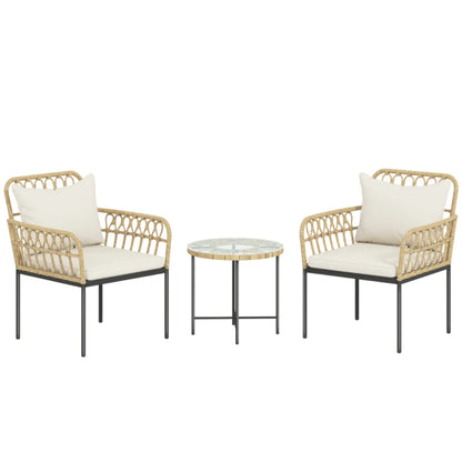 Outsunny 3 Piece Rattan Bistro Set, Wicker Garden Furniture Set with Cushions, Glass Top Coffee Table and Chairs for Outdoor, Patio, Balcony, Beige