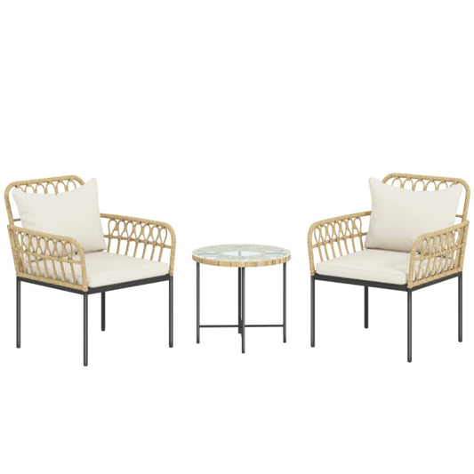 Outsunny 3 Piece Rattan Bistro Set, Wicker Garden Furniture Set with Cushions, Glass Top Coffee Table and Chairs for Outdoor, Patio, Balcony, Beige