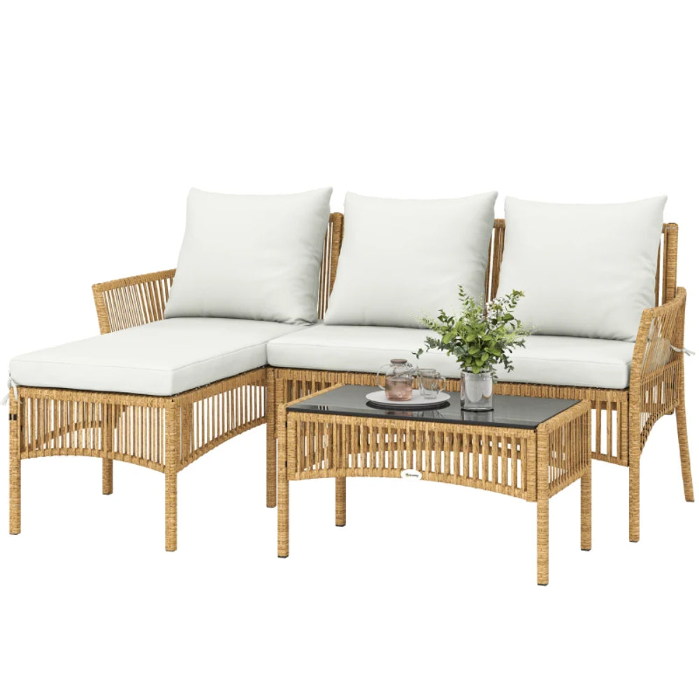 Outsunny 3 Piece Rattan Garden Furniture Corner Sofa Set with Chaise Lounge, Loveseat, Glass Coffee Table, Cushions, Natural Wood