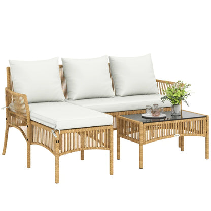 Outsunny 3 Piece Rattan Garden Furniture Corner Sofa Set with Chaise Lounge, Loveseat, Glass Coffee Table, Cushions, Natural Wood