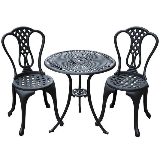 Outsunny 3 Piece Small Patio Furnture Cast Aluminium Bistro Set Garden Outdoor Table and Chairs Shabby Chic Style 