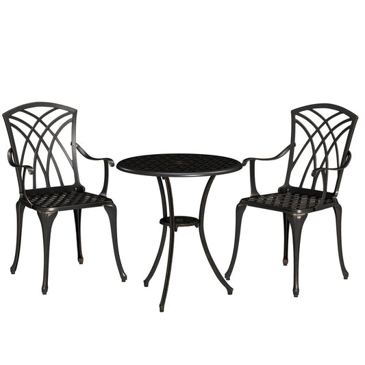 Outsunny 3 Pieces Garden Dining Set for 2, Cast Aluminium Outdoor Dining Set with 2 Armchairs and Round Dining Table with Parasol Hole, Garden Furniture Bistro Set 