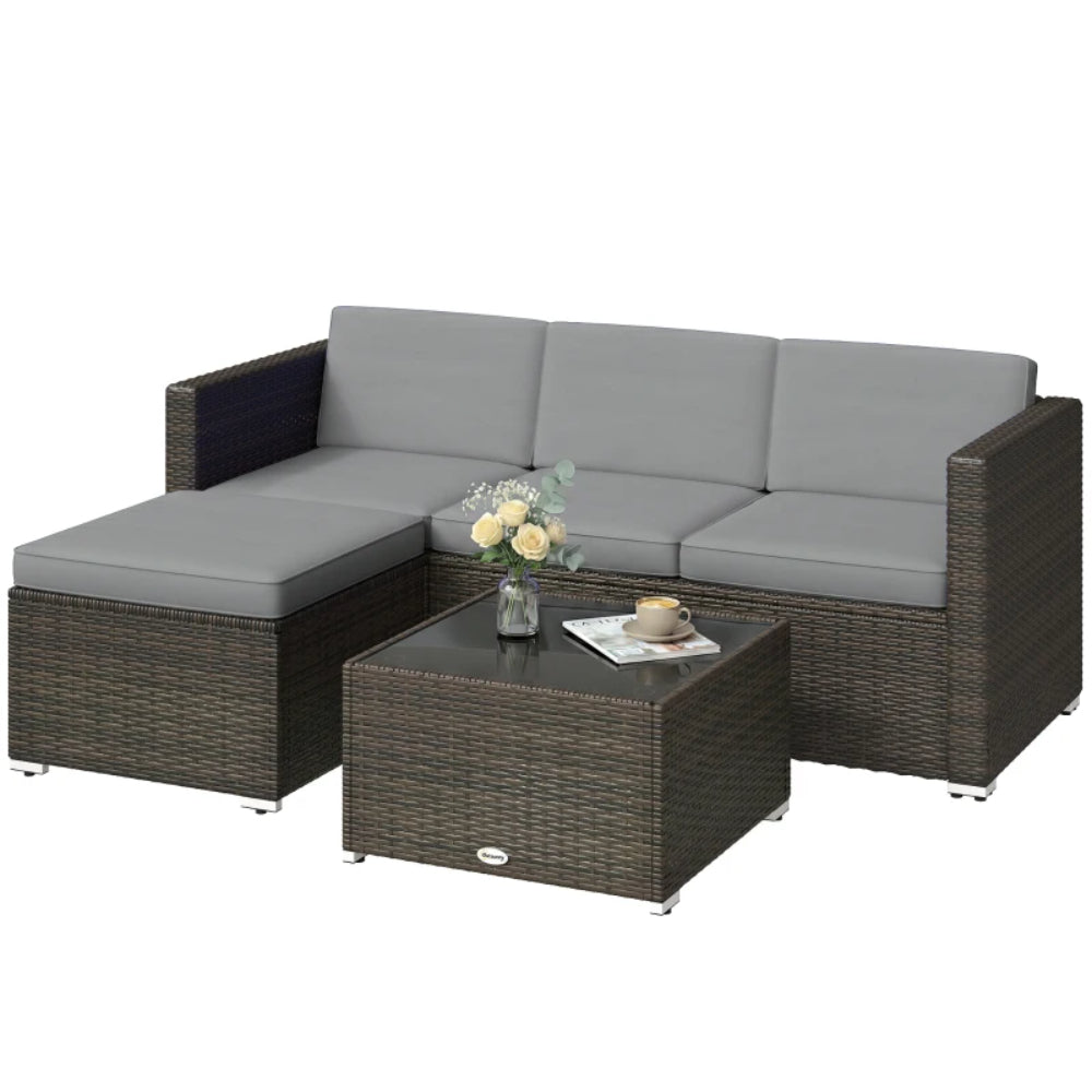 Outsunny 3 Pieces Garden Furniture Set w/ Cushions, PE Rattan Wicker Conversation Corner Sofa Set, Light Grey