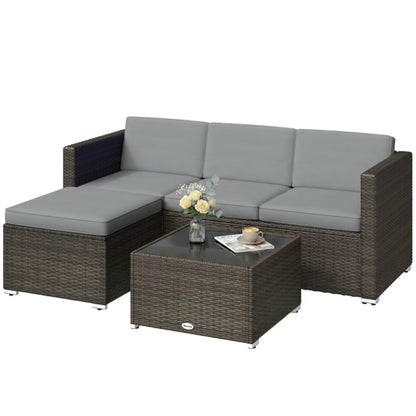 Outsunny 3 Pieces Garden Furniture Set w/ Cushions, PE Rattan Wicker Conversation Corner Sofa Set, Light Grey