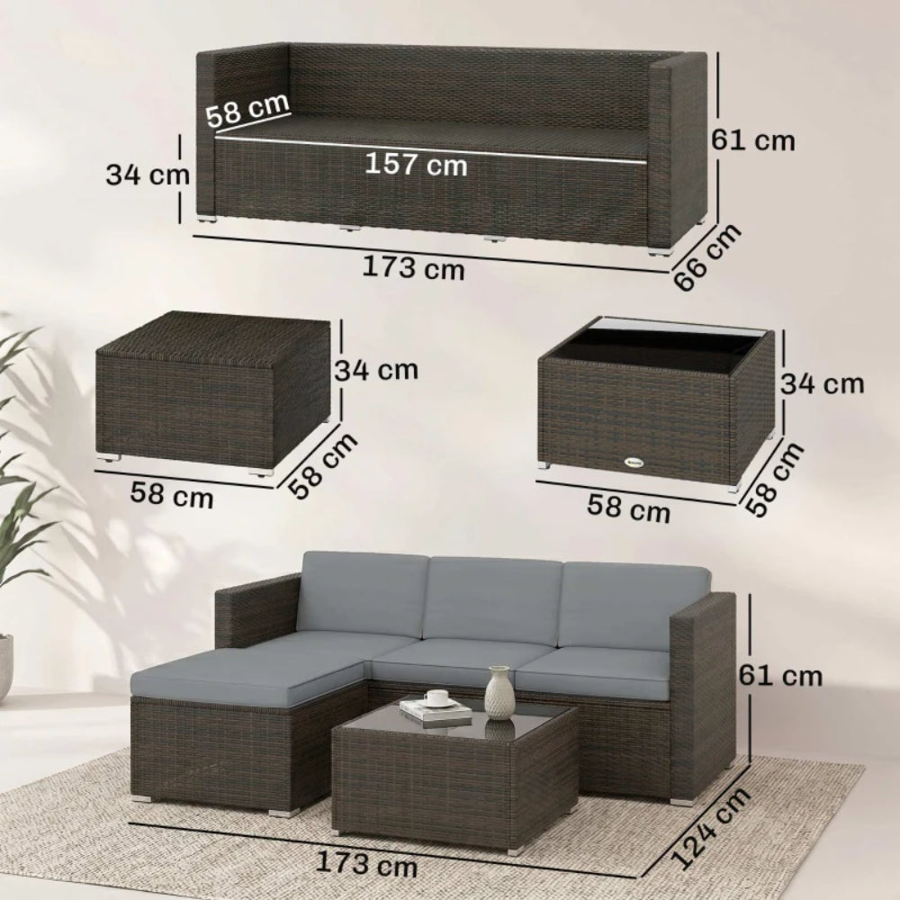 Outsunny 3 Pieces Garden Furniture Set w/ Cushions, PE Rattan Wicker Conversation Corner Sofa Set, Light Grey