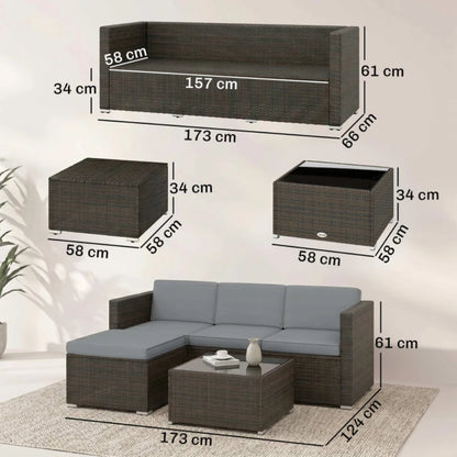 Outsunny 3 Pieces Garden Furniture Set w/ Cushions, PE Rattan Wicker Conversation Corner Sofa Set, Light Grey