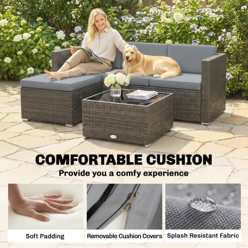 Outsunny 3 Pieces Garden Furniture Set w/ Cushions, PE Rattan Wicker Conversation Corner Sofa Set, Light Grey