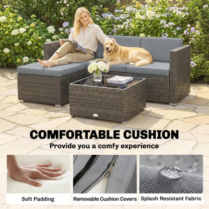 Outsunny 3 Pieces Garden Furniture Set w/ Cushions, PE Rattan Wicker Conversation Corner Sofa Set, Light Grey