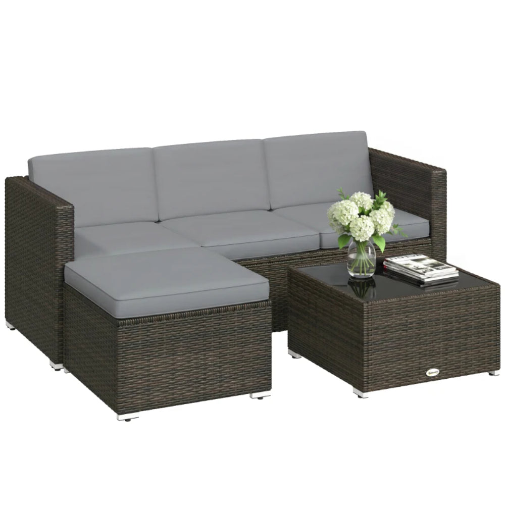 Outsunny 3 Pieces Garden Furniture Set w/ Cushions, PE Rattan Wicker Conversation Corner Sofa Set, Light Grey