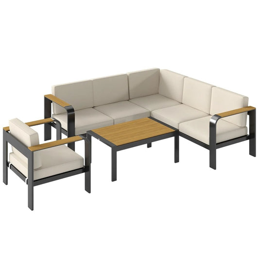 Outsunny 3 Pieces Garden Furniture Set with L-Shaped Sofa, Armchair and Coffee Table, Aluminium Garden Corner Sofa Set 