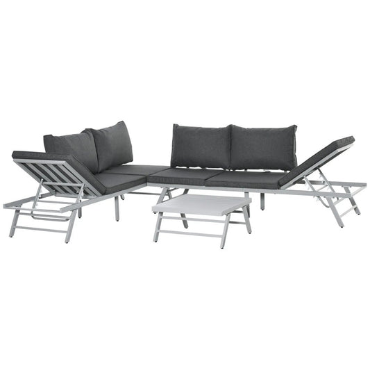 Outsunny 3 Pieces Garden Furniture Sets, 6 Seater Corner Sofa Set with Adjustable Backrest Chase Lounge with Slatted Metal Top Table, Padded Cushion, Grey 