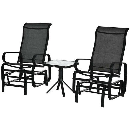 Outsunny 3 Pieces Garden Gliding Chair Set, Metal Frame 2 Single Armchair Swing Seater and 1 Glass Top Coffee Table w/ Breath Mesh Fabric Seat 