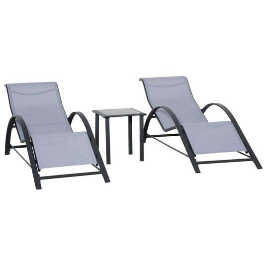 Outsunny 3 Pieces Lounge Chair Set Metal Frame Garden Outdoor Recliner Sunbathing Chair with Table, Light Grey 