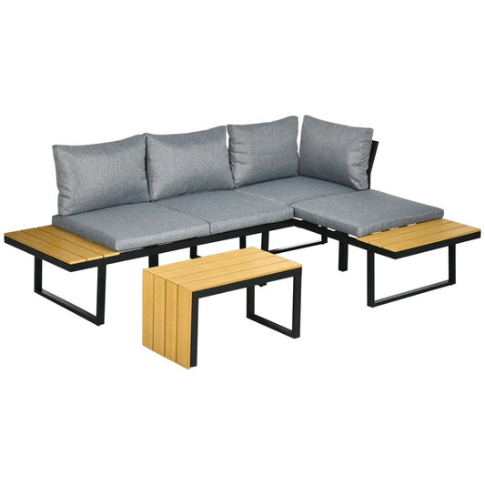 Outsunny 3 Pieces Patio Furniture Set, Outdoor Garden Sofa Conversation Set w/ Padded Cushions, Wood Grain Plastic Top Table and Side Panel, Dark Grey 