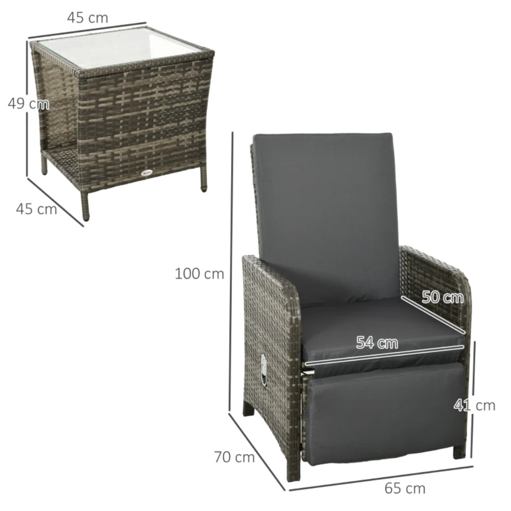 Outsunny 3 Pieces Rattan Bistro Set Balcony Furniture with Cushions, Storage Function