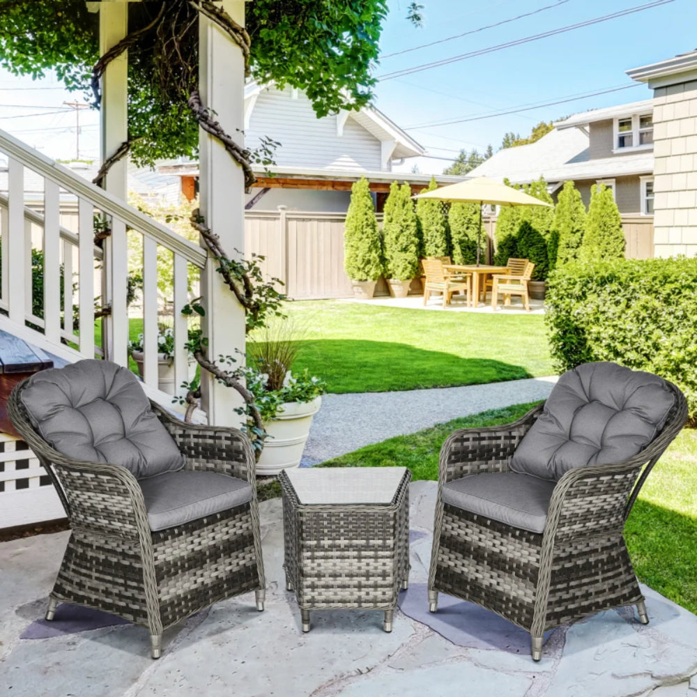 Outsunny 3 Pieces Rattan Bistro Set, Wicker Garden Bistro Set, Glass Top Balcony Table and Chairs with Cushions for Outdoor, Patio, Balcony, Grey