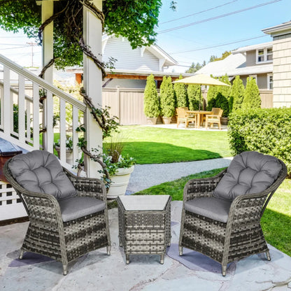 Outsunny 3 Pieces Rattan Bistro Set, Wicker Garden Bistro Set, Glass Top Balcony Table and Chairs with Cushions for Outdoor, Patio, Balcony, Grey