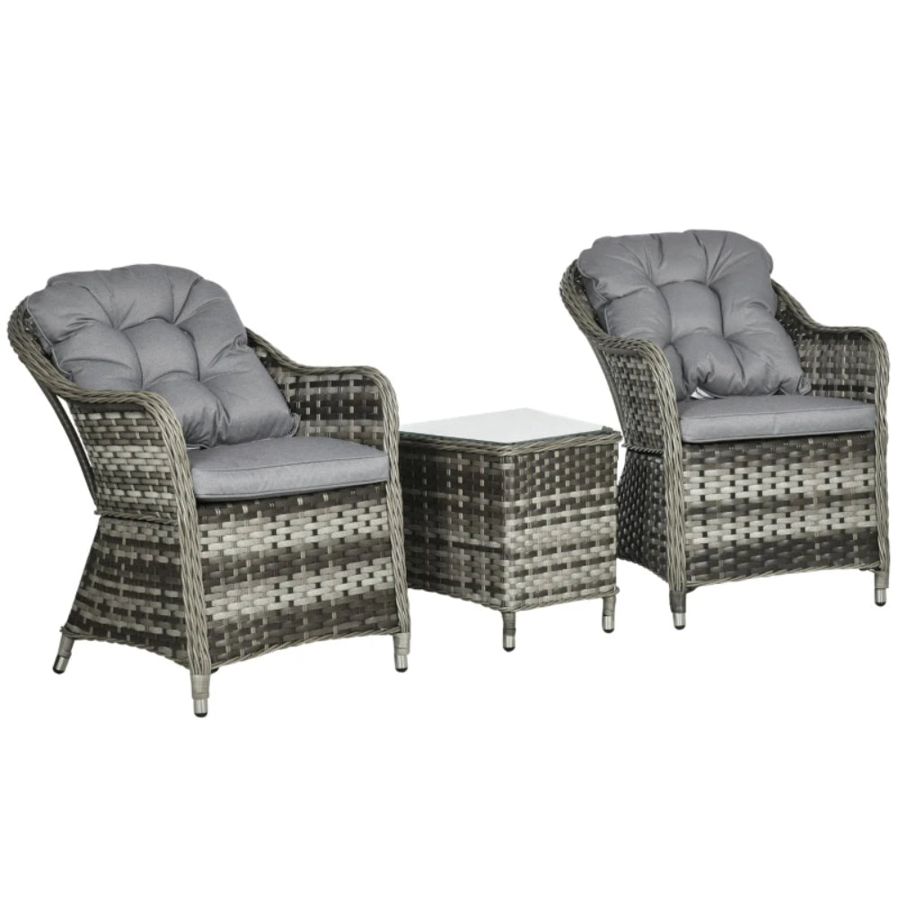 Outsunny 3 Pieces Rattan Bistro Set, Wicker Garden Bistro Set, Glass Top Balcony Table and Chairs with Cushions for Outdoor, Patio, Balcony, Grey