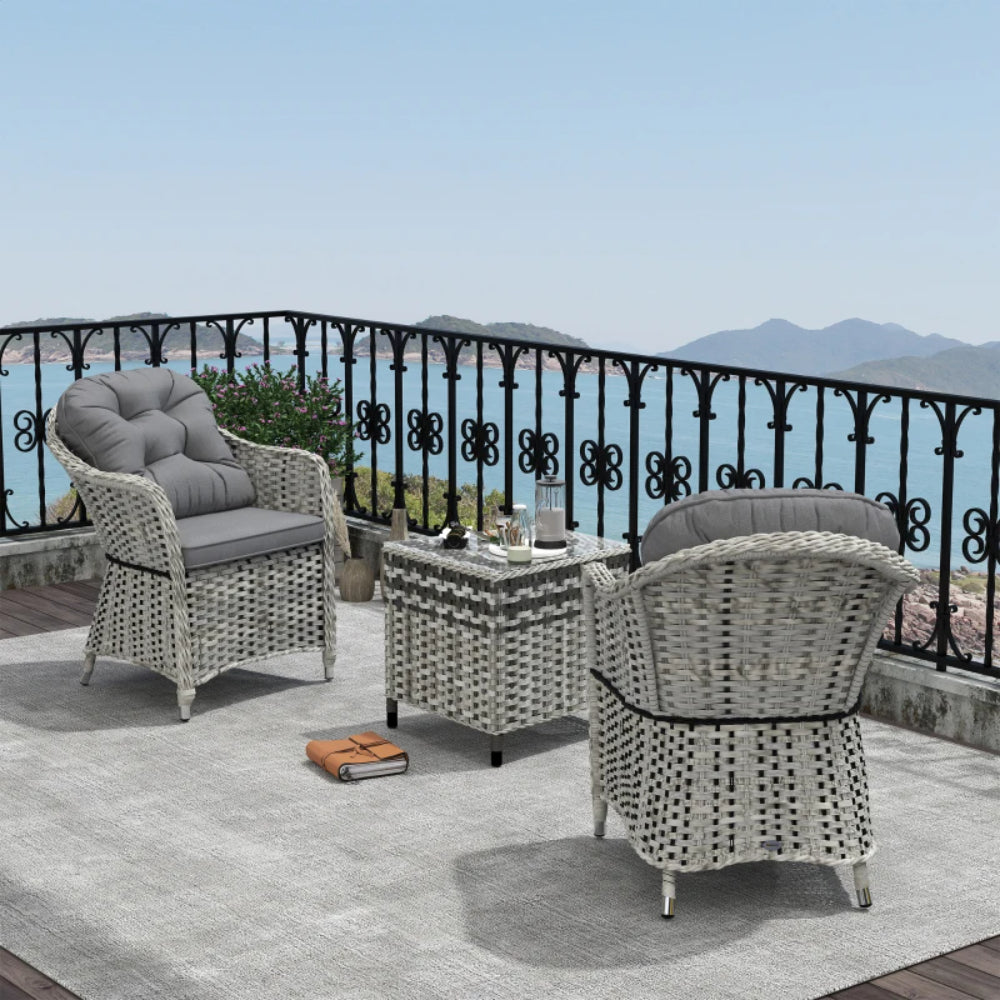 Outsunny 3 Pieces Rattan Bistro Set, Wicker Garden Bistro Set, Glass Top Balcony Table and Chairs with Cushions for Outdoor, Patio, Balcony, Grey