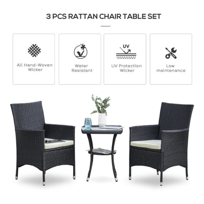 Outsunny 3 Pieces Rattan Bistro Set, Wicker Garden Furniture Set with 2-Tier Coffee Table and Chairs, Cushions, for Outdoor Patio Balcony, Black
