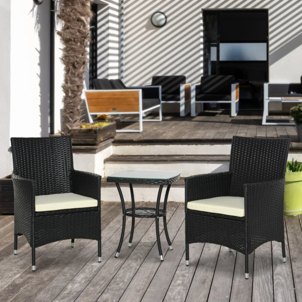Outsunny 3 Pieces Rattan Bistro Set, Wicker Garden Furniture Set with 2-Tier Coffee Table and Chairs, Cushions, for Outdoor Patio Balcony, Black