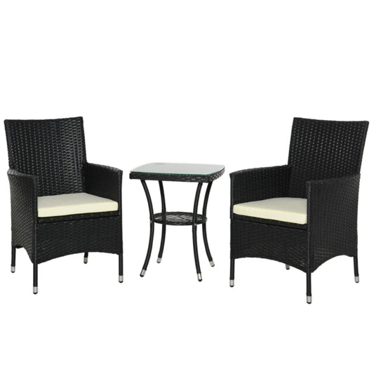 Outsunny 3 Pieces Rattan Bistro Set, Wicker Garden Furniture Set with 2-Tier Coffee Table and Chairs, Cushions, for Outdoor Patio Balcony, Black