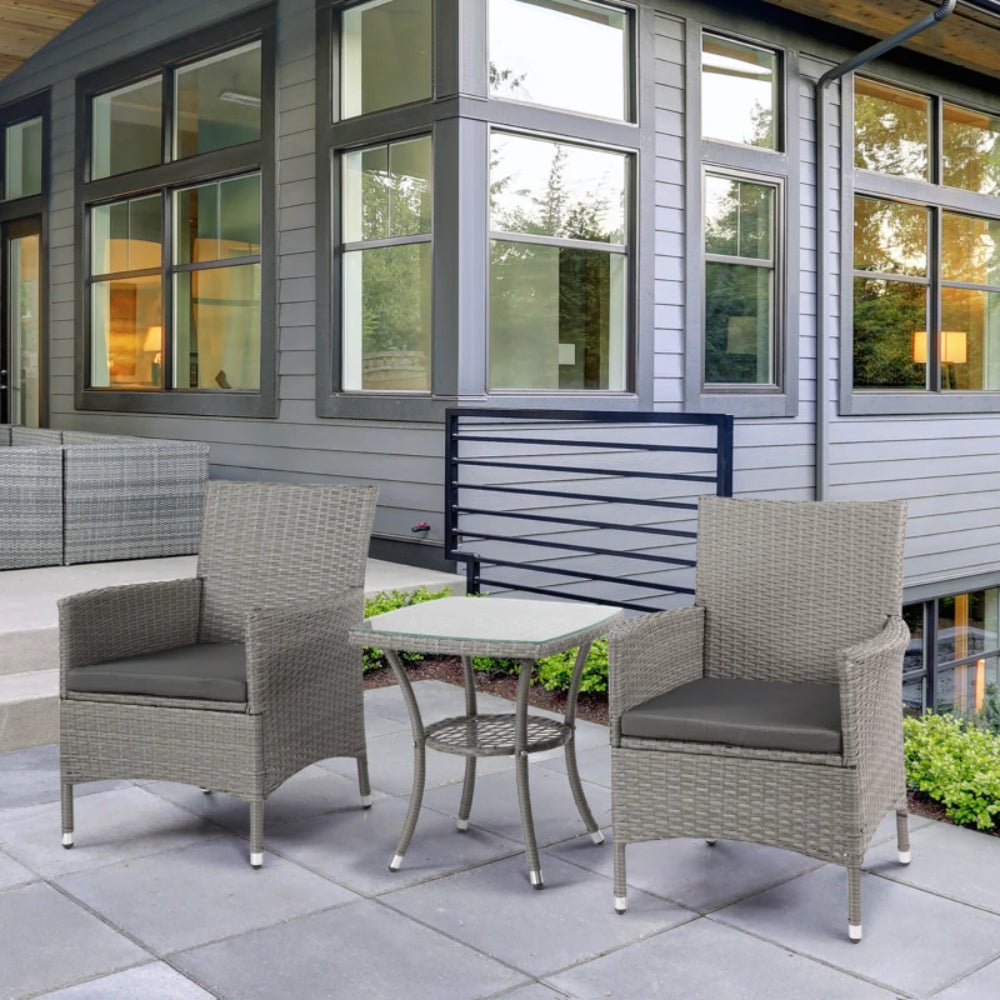 Outsunny 3 Pieces Rattan Bistro Set, Wicker Garden Furniture Set with 2-Tier Coffee Table and Chairs, Washable Cushions, for Outdoor Patio Balcony, Grey